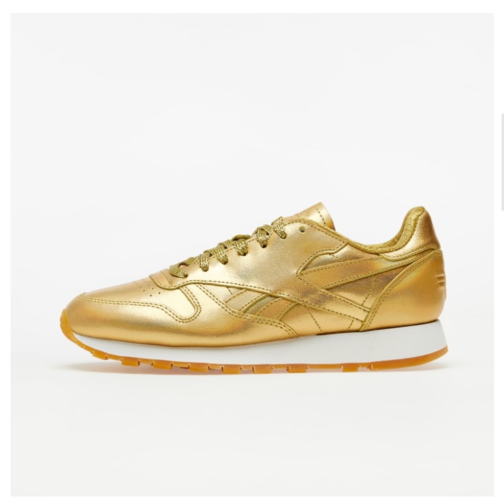EUC Men's Sz 10 Reebok Wonder Woman 1984 Gold Metallic Classic Leather Sneaker